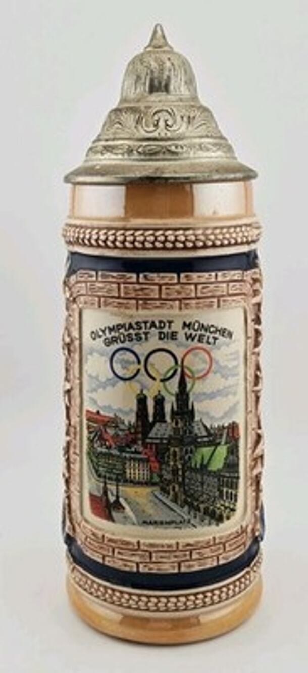 Vintage 1972 Munich Olympic Beer Stein Gerz West Germany Lidded Marienplatz 25